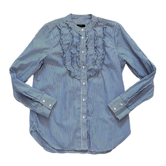 J. Crew Blue & White Stripe Band Collar Ruffle Front Long Sleeve Button Down, M - Picture 1 of 13